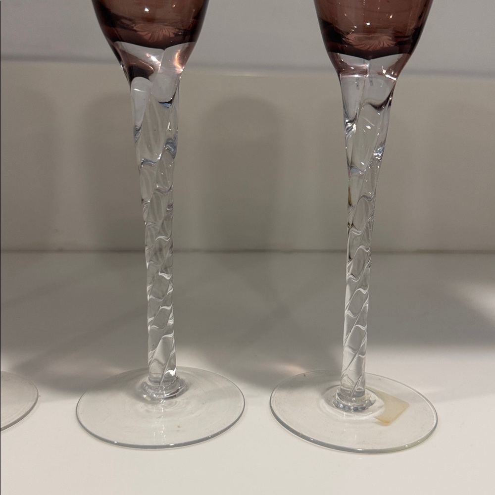 Elegant Vintage Amethyst Glass Champagne Flutes Clear Twisted Stems, Set of 4 - Picture 3 of 4